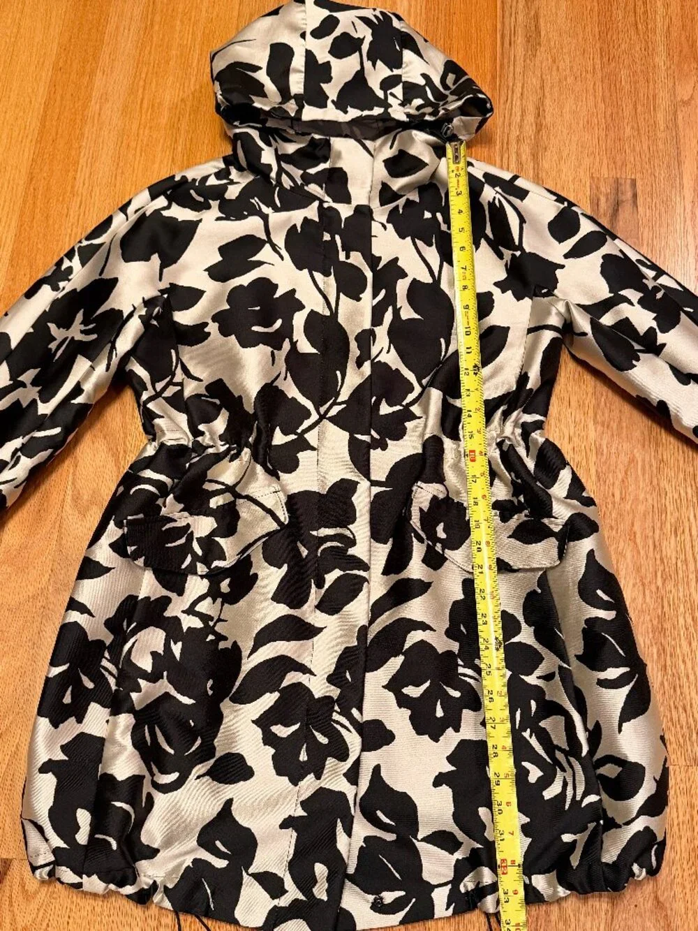 Max Mara Weekend Black Floral Hooded Lightweight Coat Cinched Waist IT44 US10 - Picture 11 of 15